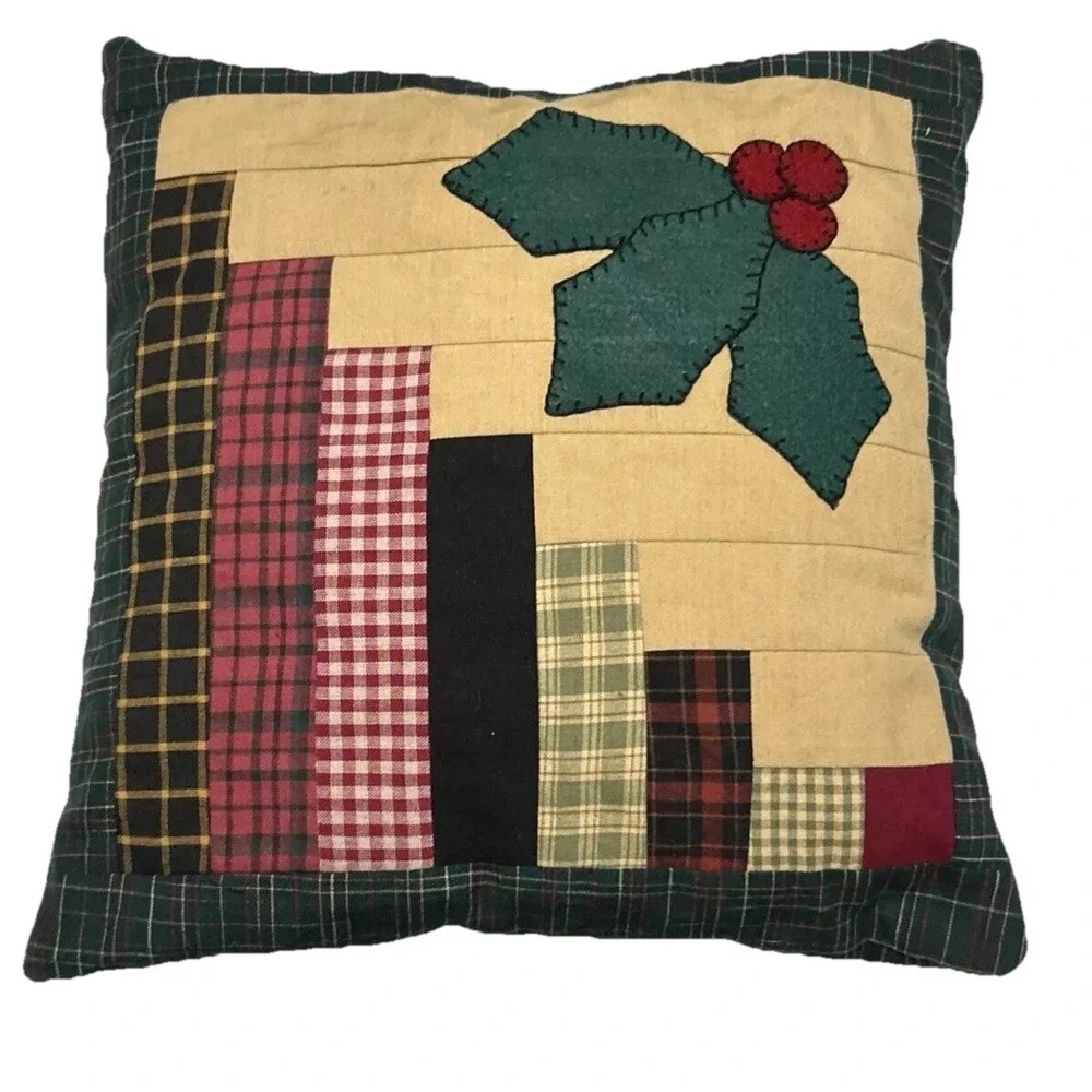 Pillow Christmas Holly Patchwork Handmade Open Back Cover Green Red 12